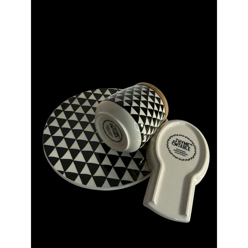 Thyme & Table Medallion Stoneware Spoon Rest Trivet & Sm Lidded Canister